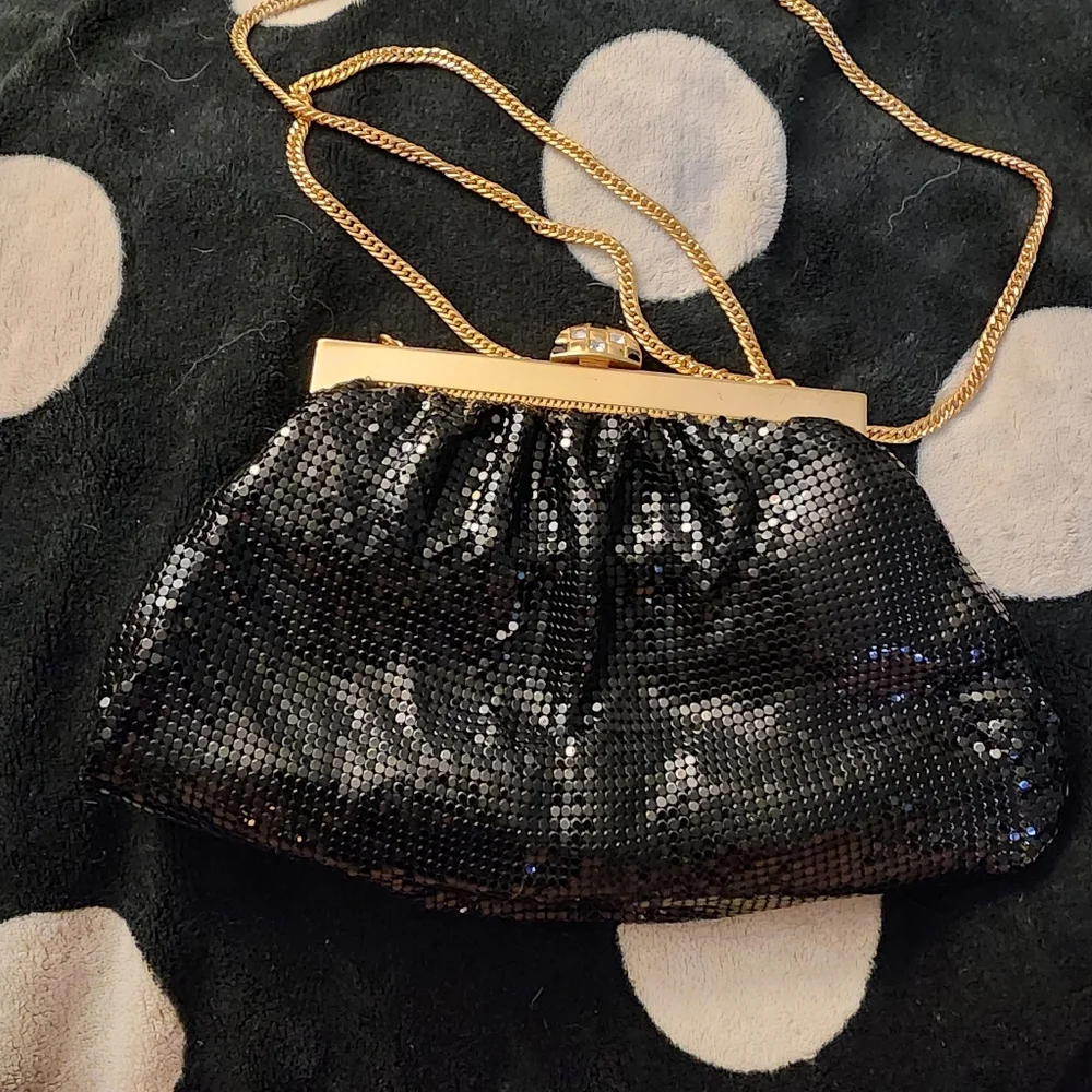 Whiting & Davis vintage black metal mesh evening frame crossbody bag clutch
